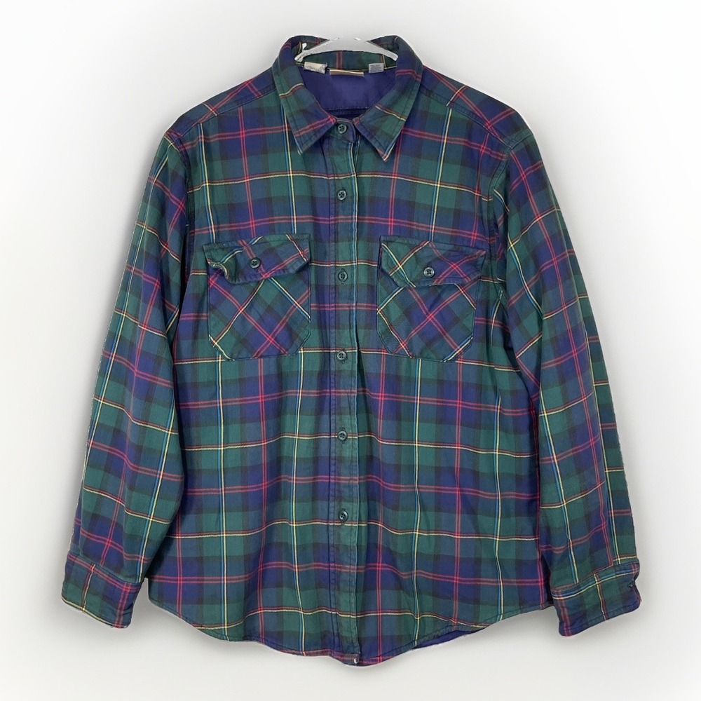 L.L. Bean Women's Large Insulated Flannel Shirt Jacket Plaid Shacket USA VTG